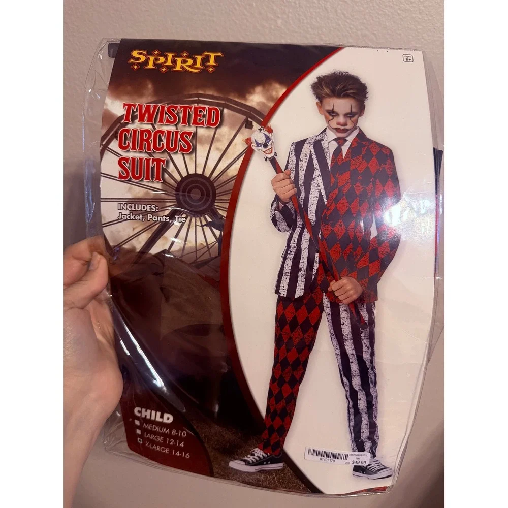 Spirit Halloween Kids Twisted Circus Suit Clown Costume Red Black XL 14-16